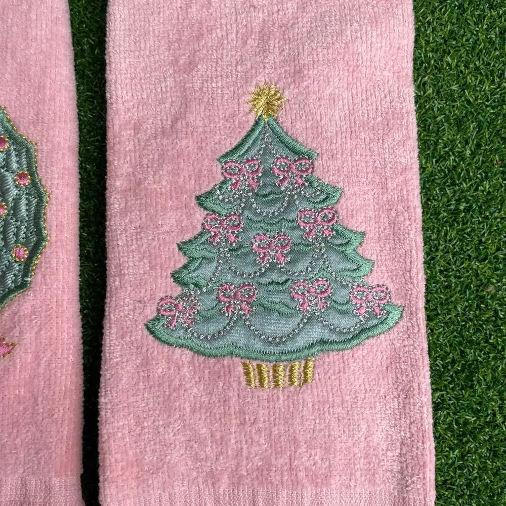 Vintage Pink Holiday Fingertip Towels Lot Embroidered Christmas Wreath and Tree